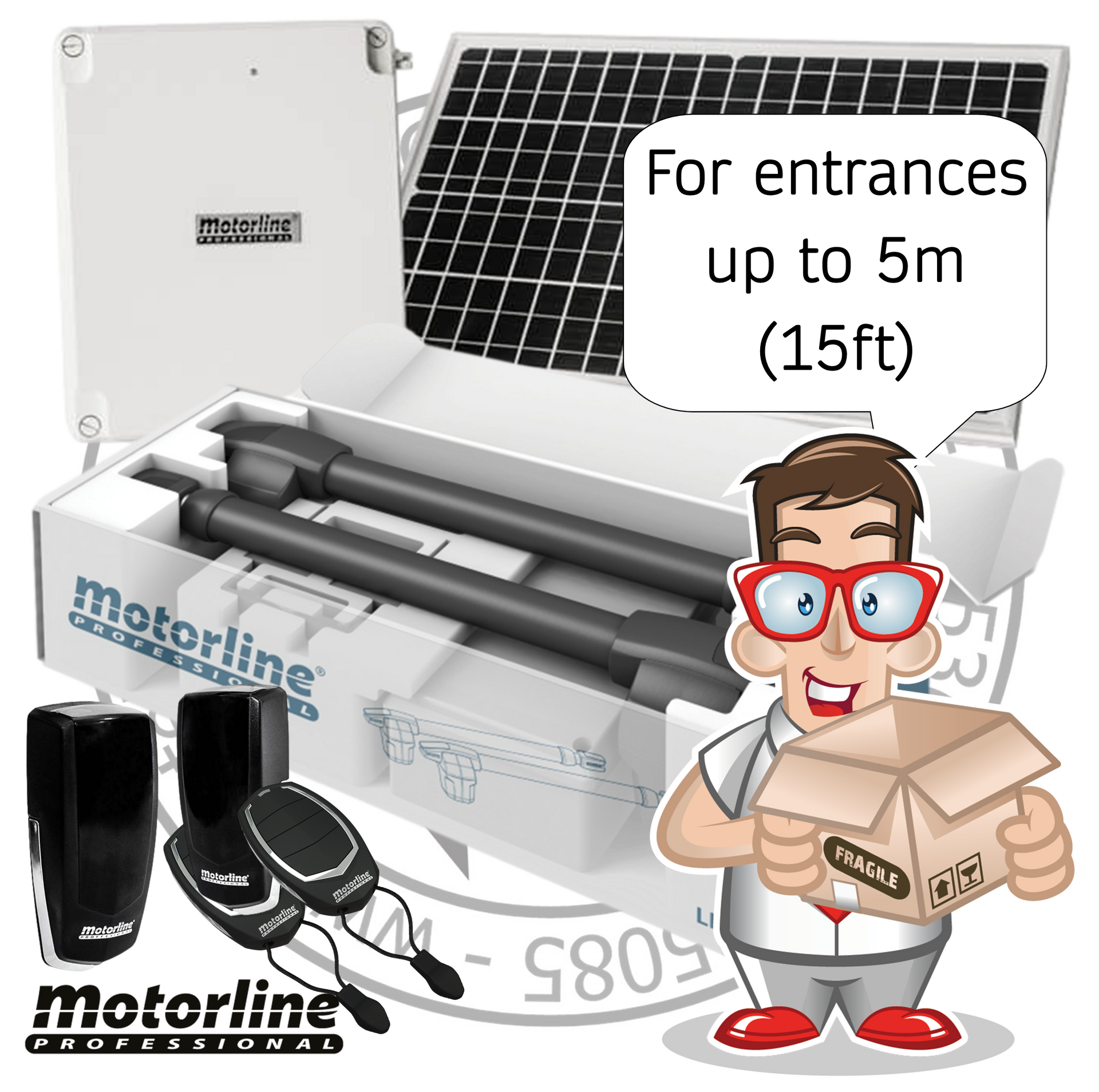 24V SOLAR LINCE DOUBLE LEAF GATE KIT - FOR ENTRANCES UP TO 5M (15FT)