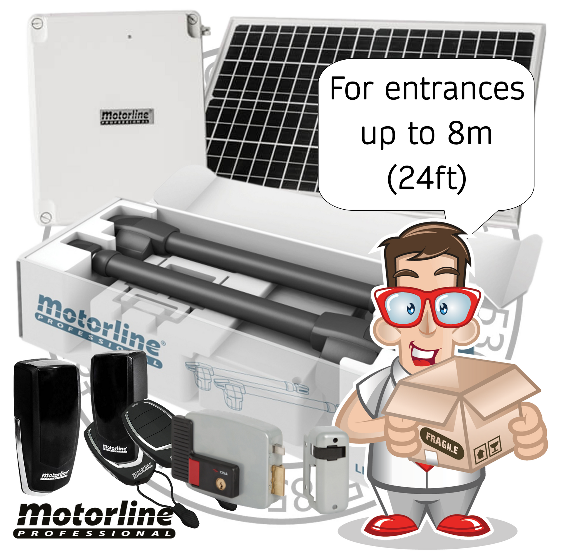 24V SOLAR LINCE DOUBLE LEAF GATE KIT - FOR ENTRANCES UP TO 8M (24FT)